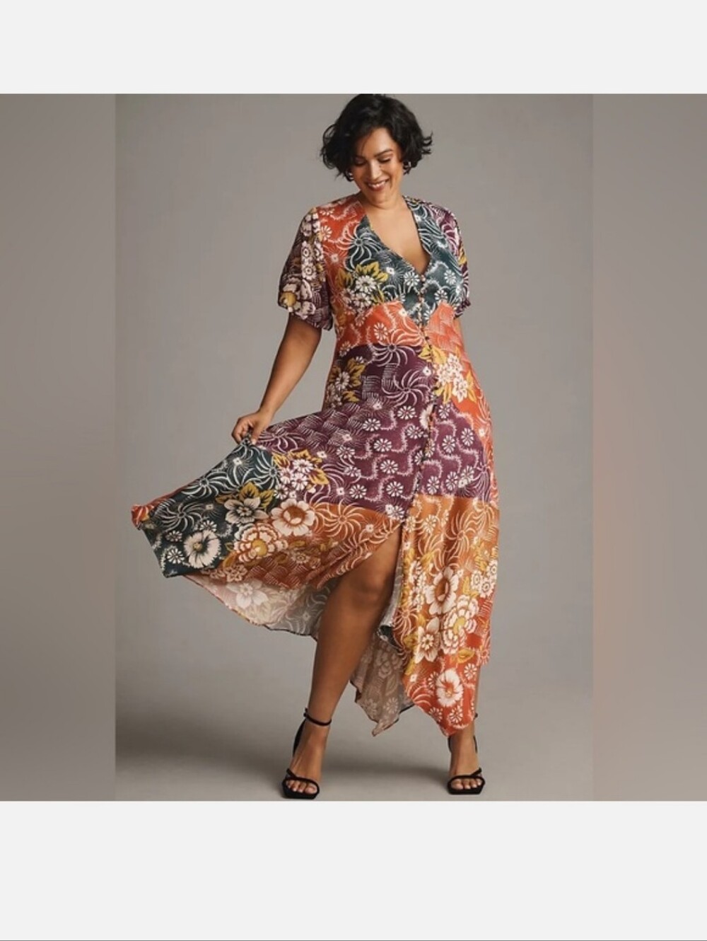 Anthropologie V-Neck Flutter-Sleeve Buttoned Handkerchief Maxi Dress Size 12.
